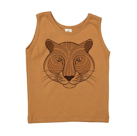 The Youth Graphic Jersey Tank Top | Henna Animals by Spiritex is a sleeveless brown top made from 100% organic cotton, featuring a detailed black leopard face with patterns—ideal for sensitive skin.
