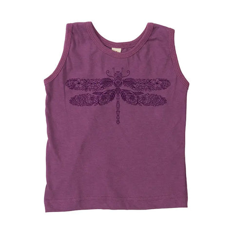 The Youth Graphic Jersey Tank Top | Henna Animals by Spiritex | Sustainable Apparel is a sleeveless, 100% organic cotton purple top with a detailed dark purple dragonfly design, gentle on sensitive skin and shown on a white background.
