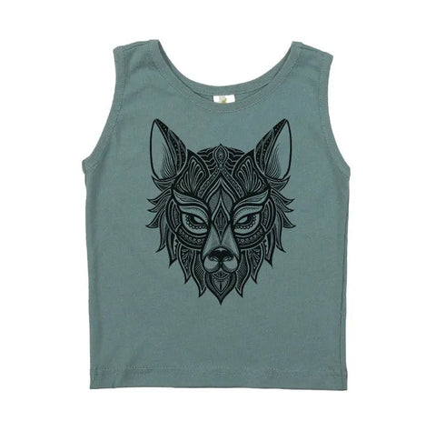 The Spiritex Youth Graphic Jersey Tank Top | Henna Animals is a sleeveless, green organic cotton shirt featuring a black ornate wolf face with tribal patterns. Gentle on sensitive skin, its shown against a plain white background.