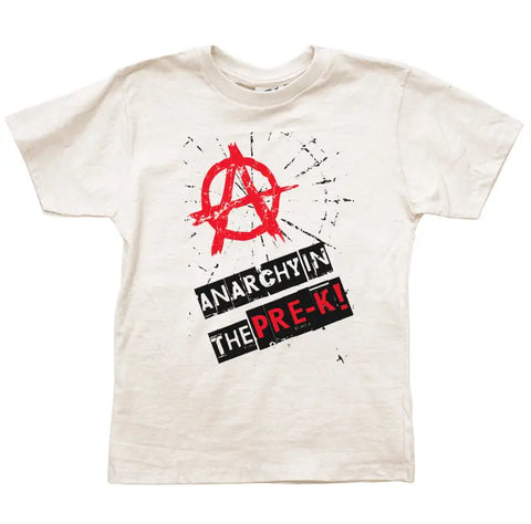 The Anarchy in the Pre-K Graphic Tee by Spiritex | Sustainable Apparel is a white childrens organic t-shirt with a bold red logo, ideal for everyday wear.