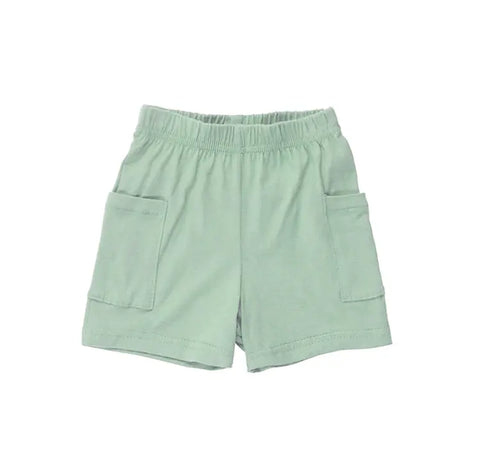 Light green Youth Jersey Shorts by Spiritex | Sustainable Apparel, made from organic cotton with an elastic waistband and two large side pockets, shown on a white background. Made in the USA.