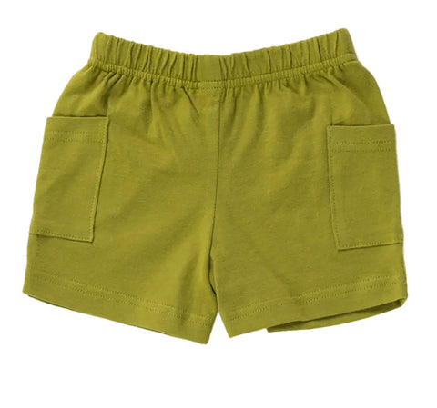 Spiritex | Sustainable Apparel Youth Jersey Shorts in green, crafted from organic cotton with an elastic waistband and two large front pockets. Made in the USA and shown on a white background.