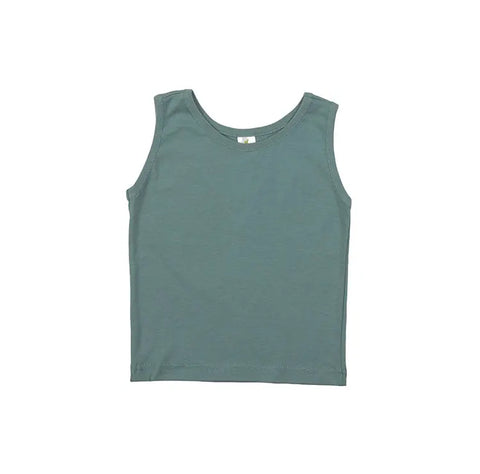 The Youth Jersey Tank by Spiritex | Sustainable Apparel is a sleeveless, teal top made from 100% organic cotton, featuring a round neckline and minimalistic design—perfect for sensitive skin. Shown laid flat on a white background.