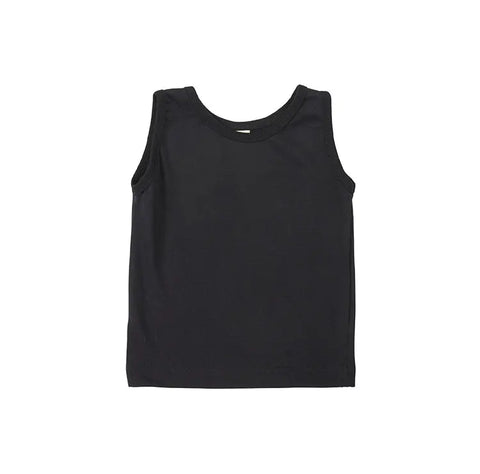 The Spiritex Youth Jersey Tank is a plain black, sleeveless top for kids made from 100% organic cotton—ideal for sensitive skin. Laid flat on a white background, it combines comfort and sustainability.