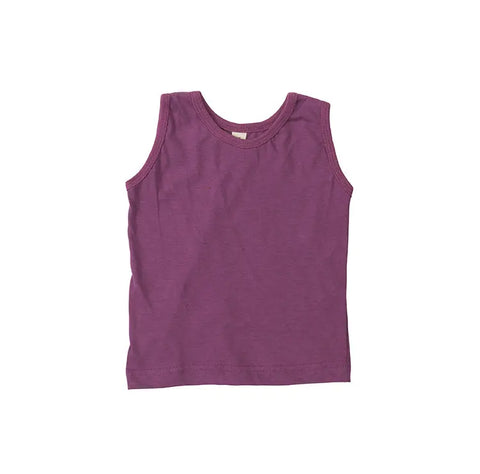 The Spiritex | Sustainable Apparel Youth Jersey Tank, sleeveless and made from 100% organic cotton for sensitive skin, is shown in purple and laid flat on a white background.