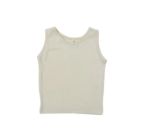 The Spiritex | Sustainable Apparel Youth Jersey Tank is a plain, sleeveless, off-white top made from 100% organic cotton. Displayed on a white background, it offers finished edges and a comfortable fit—ideal for kids with sensitive skin.