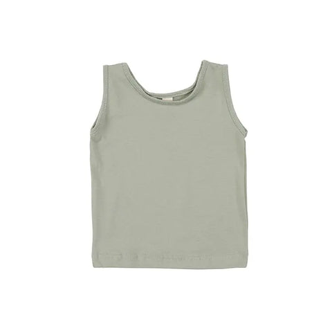 The Spiritex Youth Jersey Tank is a light gray sleeveless top for kids, made from 100% organic cotton—ideal for sensitive skin. Shown laid flat on a white background.
