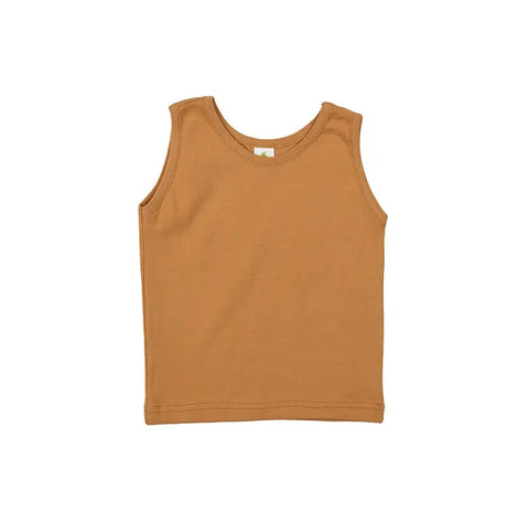The Spiritex | Sustainable Apparel Youth Jersey Tank is a sleeveless, light brown top made from 100% organic cotton, shown flat on a white background—ideal for sensitive skin.
