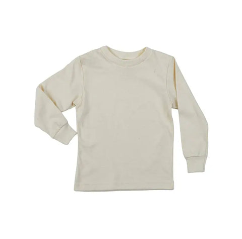 The Spiritex Youth Long Sleeve Jersey Crewneck Tee is shown in off-white, laid flat on a white background. Crafted from breathable jersey fabric, this sustainable shirt offers all-day comfort for kids.
