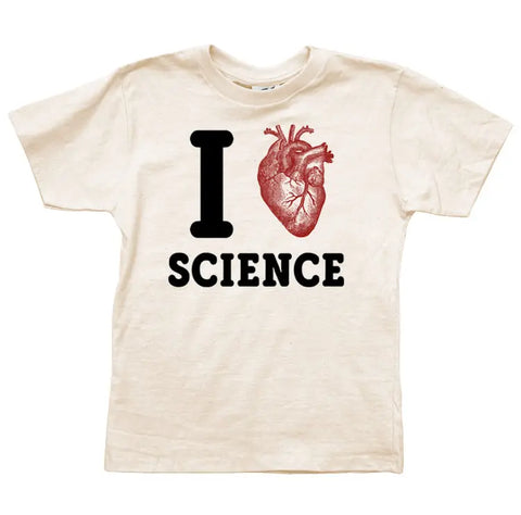 The I Heart Science Graphic Tee (Y) by Spiritex | Sustainable Apparel is a beige youth tee made from organic cotton, featuring an anatomical heart illustration in place of love.