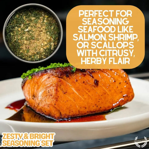 Close-up of cooked salmon fillet garnished with herbs on a white plate, featuring Gustus Vitae's Zesty & Bright Citrus Seasoning Collection 6-Pack—handcrafted in the USA with citrusy, herby flavors, ideal for seafood.