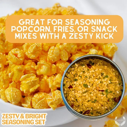 A bowl of yellow popcorn sits beside a small dish of seasoning. Text: Gustus Vitae Zesty & Bright Citrus Seasoning Collection—6-pack gourmet spice set made in the USA to add bold flavor to popcorn, fries, or snacks.