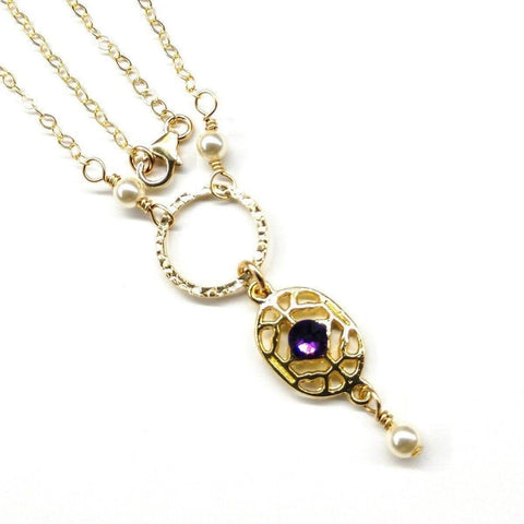 14 KT Gold-Filled Purple Crystal Circle  Filigree Necklace