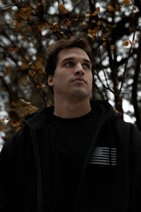 American Flag Zipper Hoodie Sweatshirt – Black Patriotic Fleece Jacket | Handmade in USA Proudly USA  Fleece