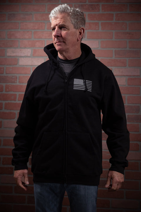 American Flag Zipper Hoodie Sweatshirt – Black Patriotic Fleece Jacket | Handmade in USA Proudly USA  Fleece