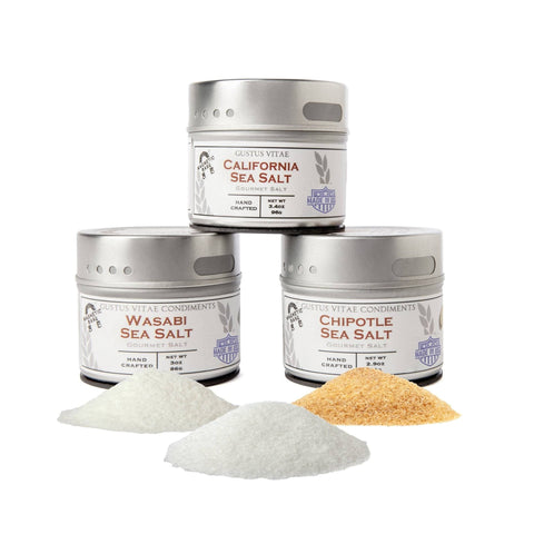 Gustus Vitae Gourmet Seasoning Trio – California Sea Salt, Chipotle, Wasabi – Handcrafted | Made in USA Gustus Vitae  Collections & Gift Sets