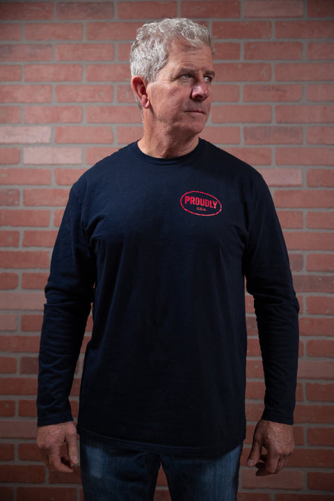 Men’s Long Sleeve Cotton T-Shirt Navy – Proudly USA Logo | Made in USA Proudly USA  T-shirt