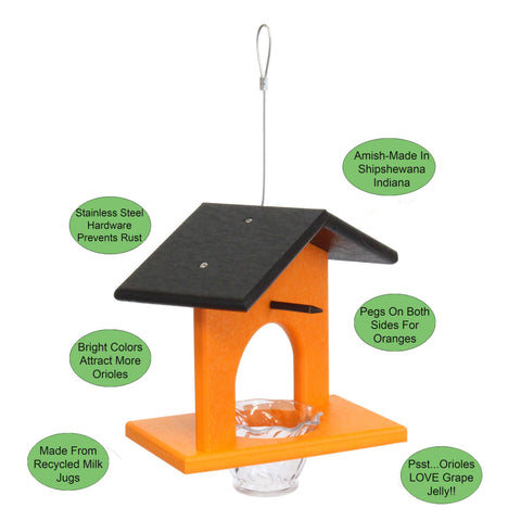 Eco-Friendly Hanging Oriole Bird Feeder with Jelly Dish and Orange Pegs 10 Inch – Amish Crafted | Made in USA Amish Toy Box  Bird Feeder