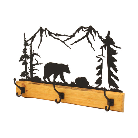 Rustic Pine Wood Coat Rack With 3 Metal Hooks – Wilderness Silhouette Design | Made in USA Amish Toy Box  Home Improvement