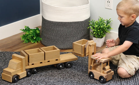 Amish-Made Wooden Semi Truck And Flatbed Trailer Toy Set With Forklift And Removable Bins | Made In USA Amish Toy Box  Wooden Toys,Trains, Trucks and Things