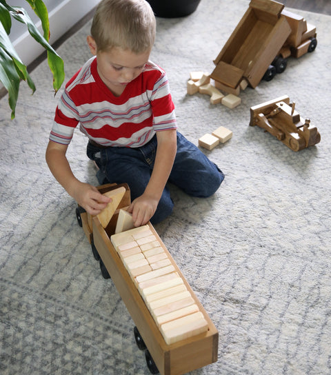 Large Wooden Semi Truck and Trailer Play Set with 30 Natural Building Blocks – 24.5 Inch – AmishCrafted | Made in USA Amish Toy Box  Wooden Toys,Trains, Trucks and Things