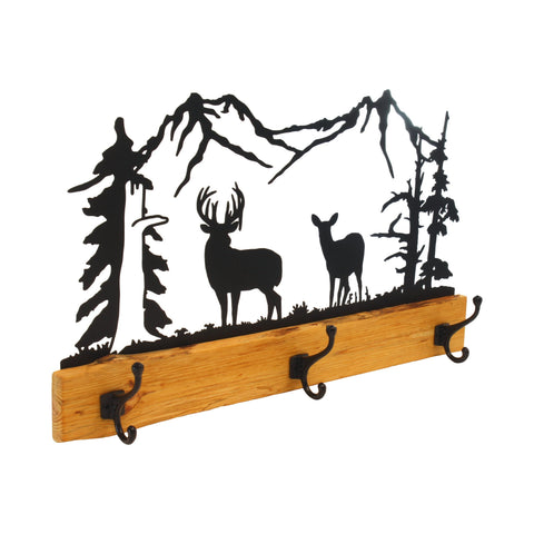 Rustic Pine Wood Coat Rack With 3 Metal Hooks – Wilderness Silhouette Design | Made in USA Amish Toy Box  Home Improvement