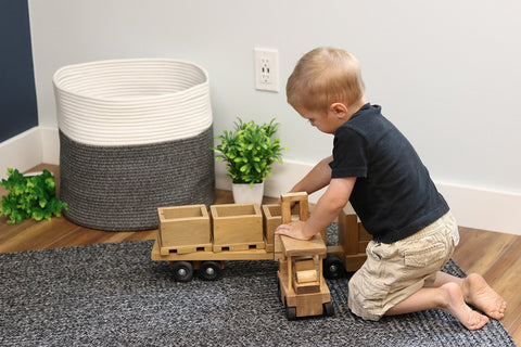 Amish-Made Wooden Semi Truck And Flatbed Trailer Toy Set With Forklift And Removable Bins | Made In USA Amish Toy Box  Wooden Toys,Trains, Trucks and Things