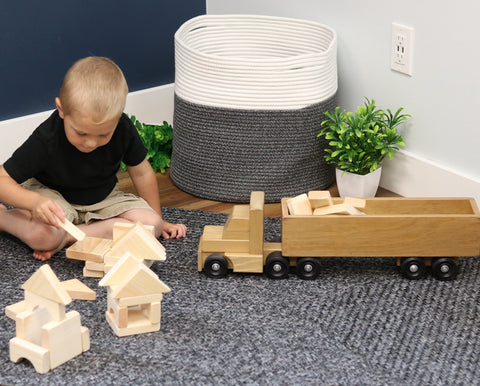 Large Wooden Semi Truck and Trailer Play Set with 30 Natural Building Blocks – 24.5 Inch – AmishCrafted | Made in USA Amish Toy Box  Wooden Toys,Trains, Trucks and Things