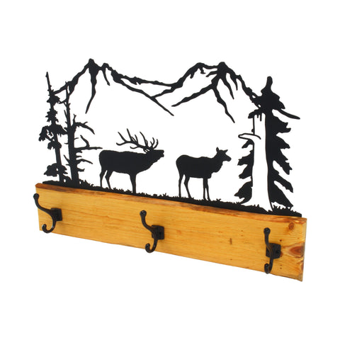 Rustic Pine Wood Coat Rack With 3 Metal Hooks – Wilderness Silhouette Design | Made in USA Amish Toy Box  Home Improvement