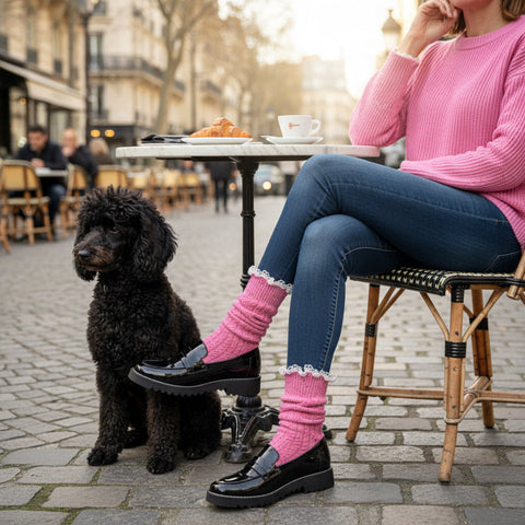Pink Lace Trim Slouch Socks 10 Inch – BOOTIE Cozy Knit Socks | Made in USA Catherine Cole  lace slouch socks