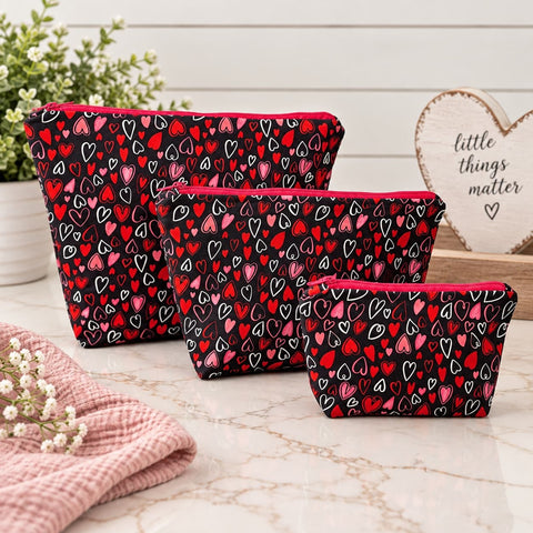 Hearts Pattern Makeup Bag Trio – Small, Medium, Large Cosmetic Pouches with Zipper | Handmade in USA Frances Farm & Craft  Cosmetic bags
