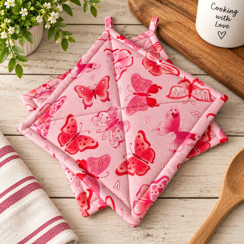 Valentine’s Day Butterfly Pattern Pot Holders Set – 9 Inch Cotton Oven Mitts for Kitchen Safety | Made in USA Frances Farm & Craft  Pot holders