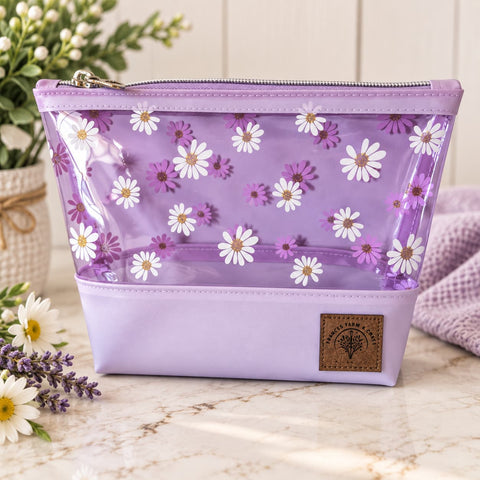 Purple Daisy Transparent Vinyl Makeup Bag – Floral Cosmetic Organizer | Made in USA Durable Toiletry Pouch Frances Farm & Craft  Cosmetic bags