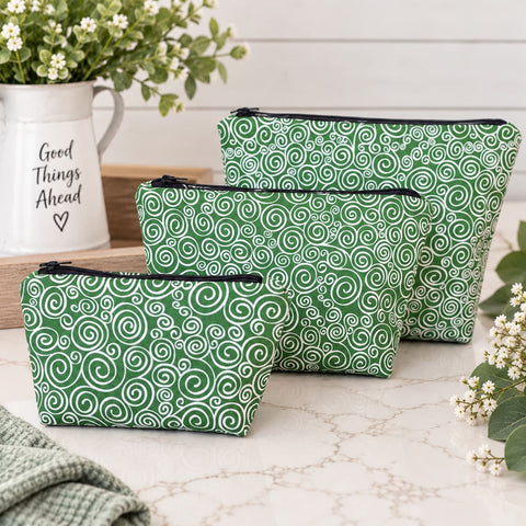 Green White Swirl Pattern Makeup Bag – Small, Medium, Large Cotton Cosmetic Pouch | Made in USA Frances Farm & Craft  Cosmetic bags