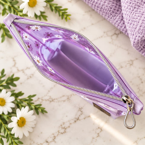 Purple Daisy Transparent Vinyl Makeup Bag – Floral Cosmetic Organizer | Made in USA Durable Toiletry Pouch Frances Farm & Craft  Cosmetic bags
