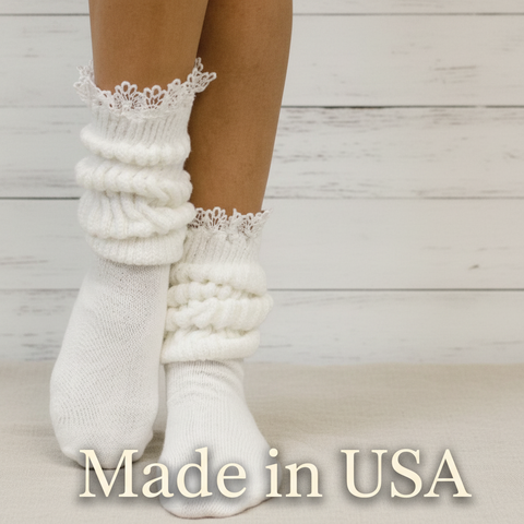 White Cotton Lace Trimmed Slouch Socks – Soft Cozy Knit | Made in USA Catherine Cole  socks