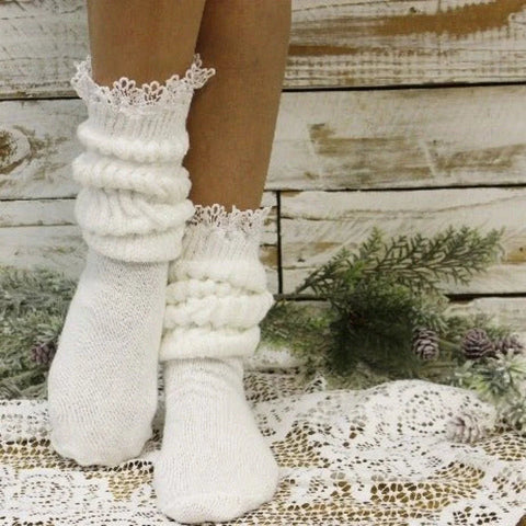 White Cotton Lace Trimmed Slouch Socks – Soft Cozy Knit | Made in USA Catherine Cole  socks