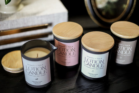 Lotion Candle with Shea, Cocoa & Mango Butter – Massage Oil & Skin Hydration | Clean Scent | USA-Made Shanti + Tula  Bath & Body