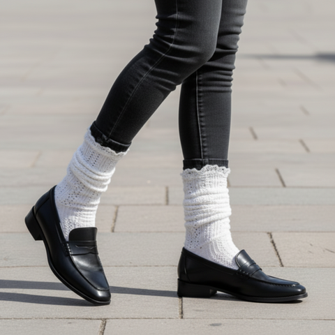 White Cable Knit Boot Socks with Delicate Lace Trim 11 Inch Crew Length – Lightweight Cotton Blend | Made in USA Catherine Cole  socks
