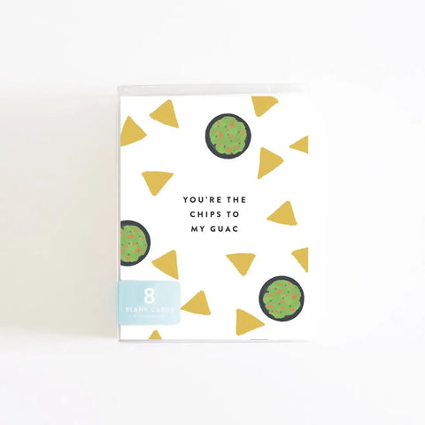 The Chips to My Guac Boxed Set of 8 Cards by Joy Paper Co. features a card box with tortilla chips and guacamole illustrations and the message “YOU’RE THE CHIPS TO MY GUAC.” Made in the USA, perfect for greeting card lovers.