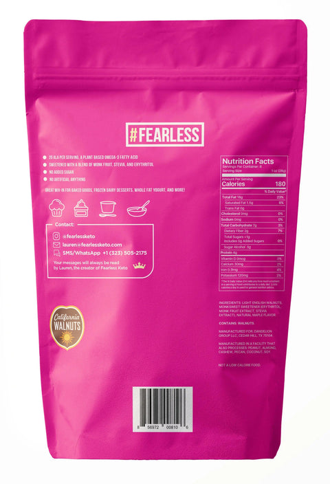 The back of a bright pink Fearless Keto Candied Walnuts - Maple Glaze package shows nutrition facts, contact info, California Walnuts logo, meal ideas for low carb keto snacking, plus ingredients and a barcode.